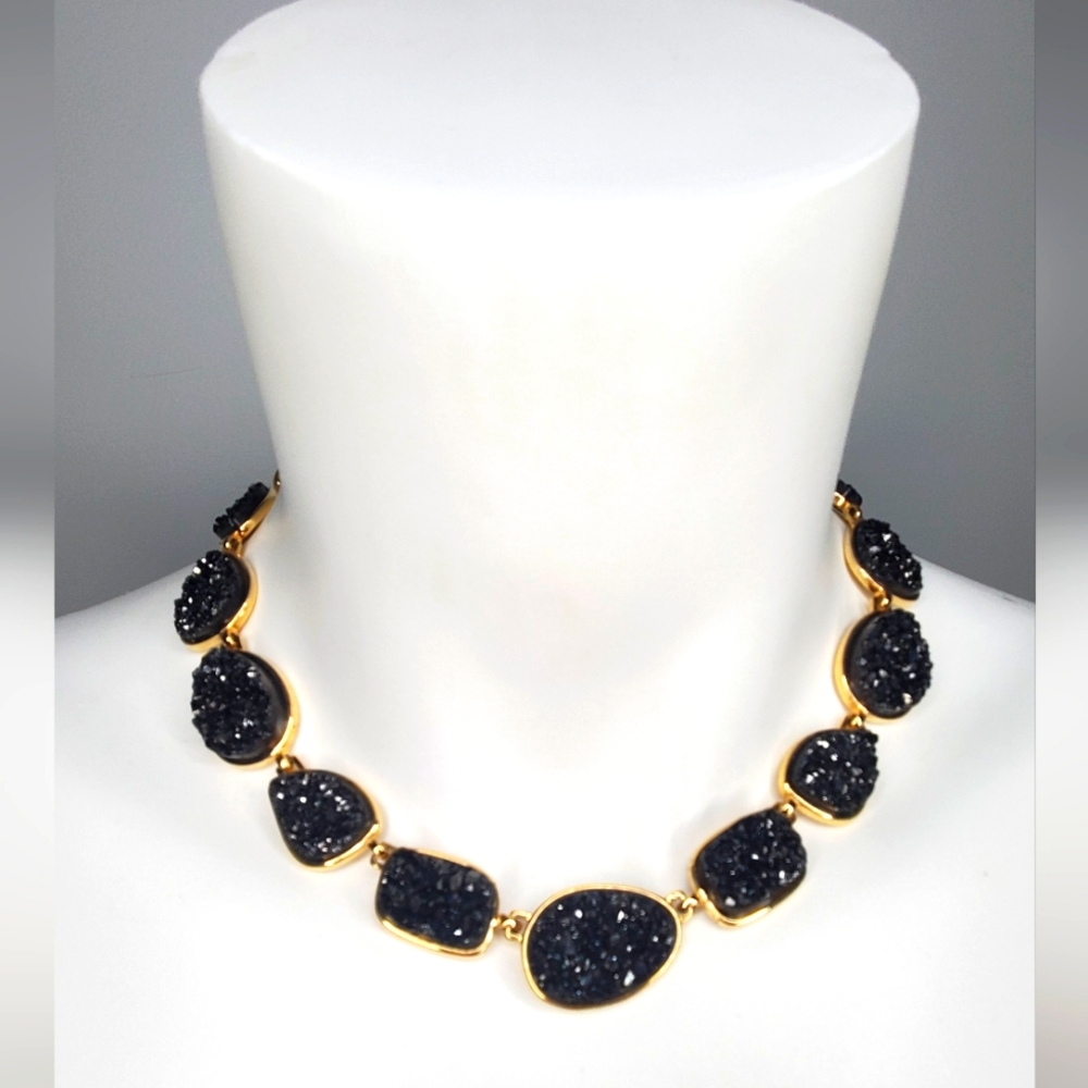 Necklace In Black Druzy Azurite And Gold Frame